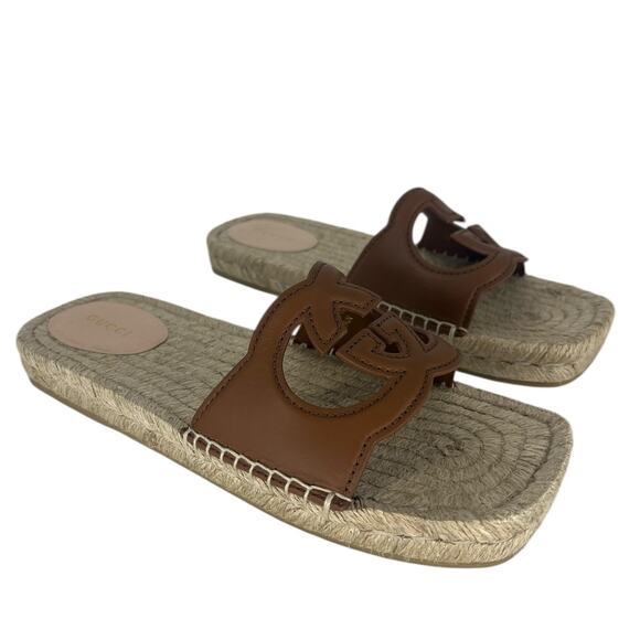 Gucci Carlos Interlocking GG Cut Out Slide Espadrille Sandals in Brown - Picture 8 of 16